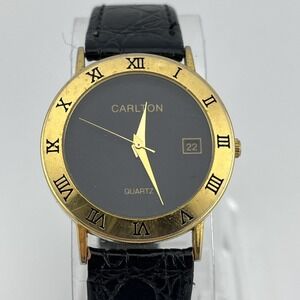 Vintage Carlton Watch 33mm‎ Gold Case Black Leather Band- New Battery